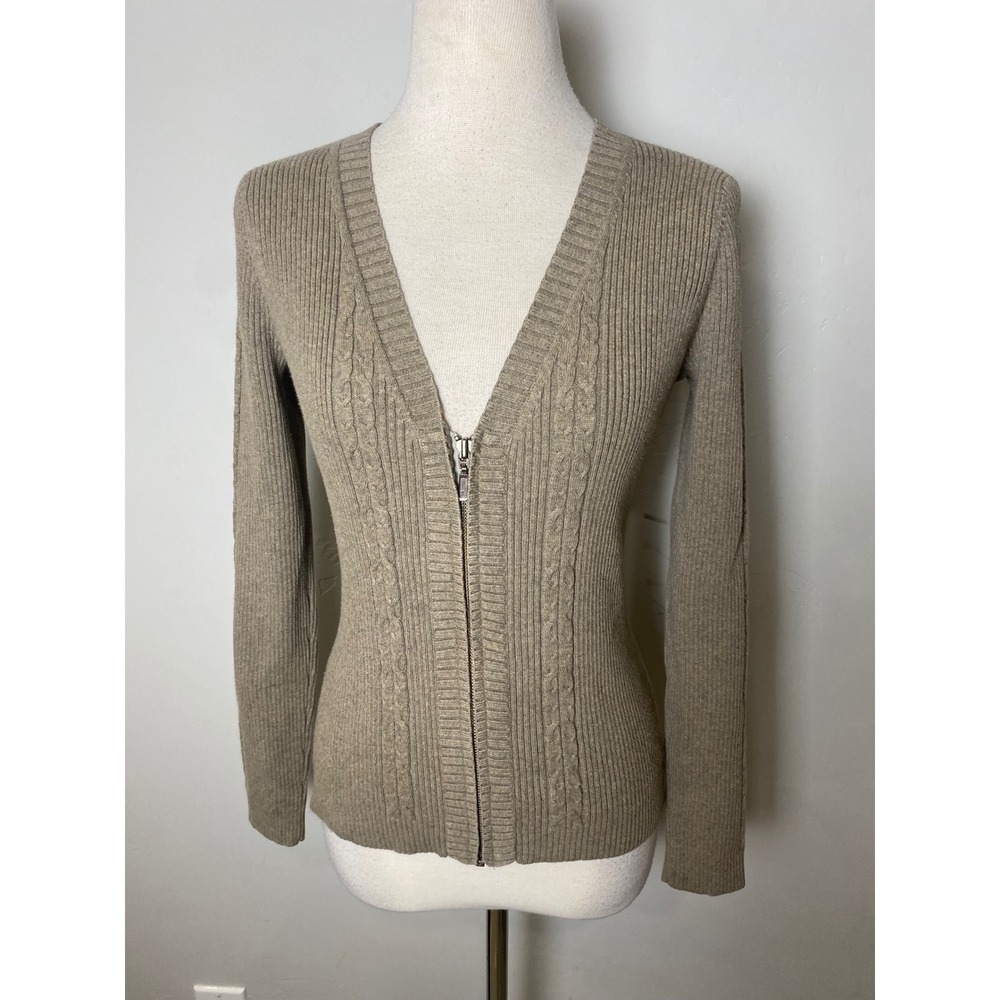 Eddie Bauer VTG 90's Green Label Taupe Ribbed Cable Knit Zip Cardigan Sweater S
